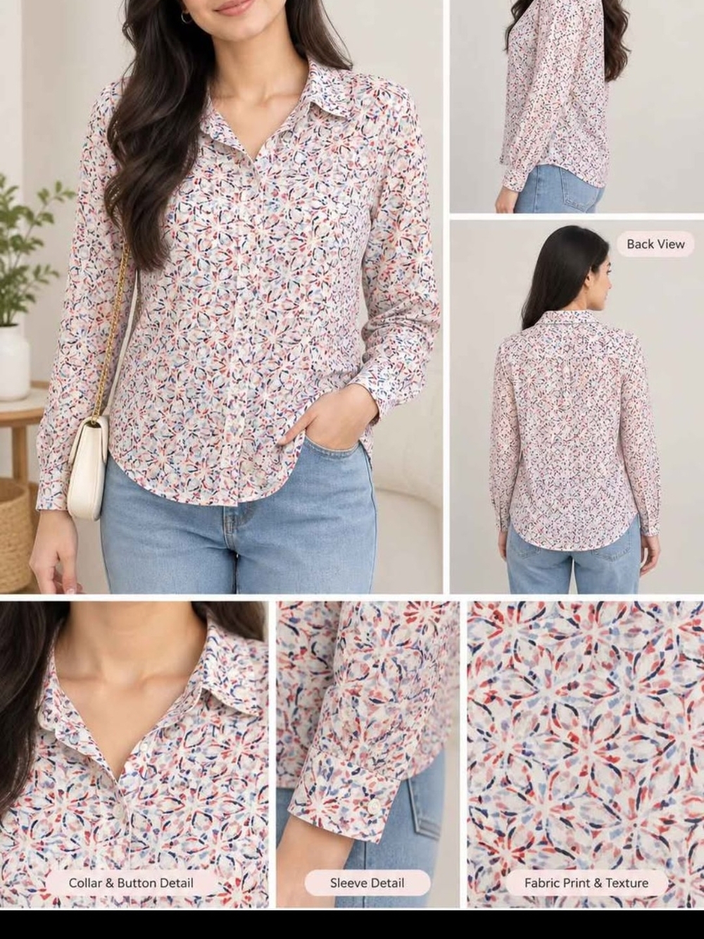 Floral Button-Front Blouse in White & Pink Like New